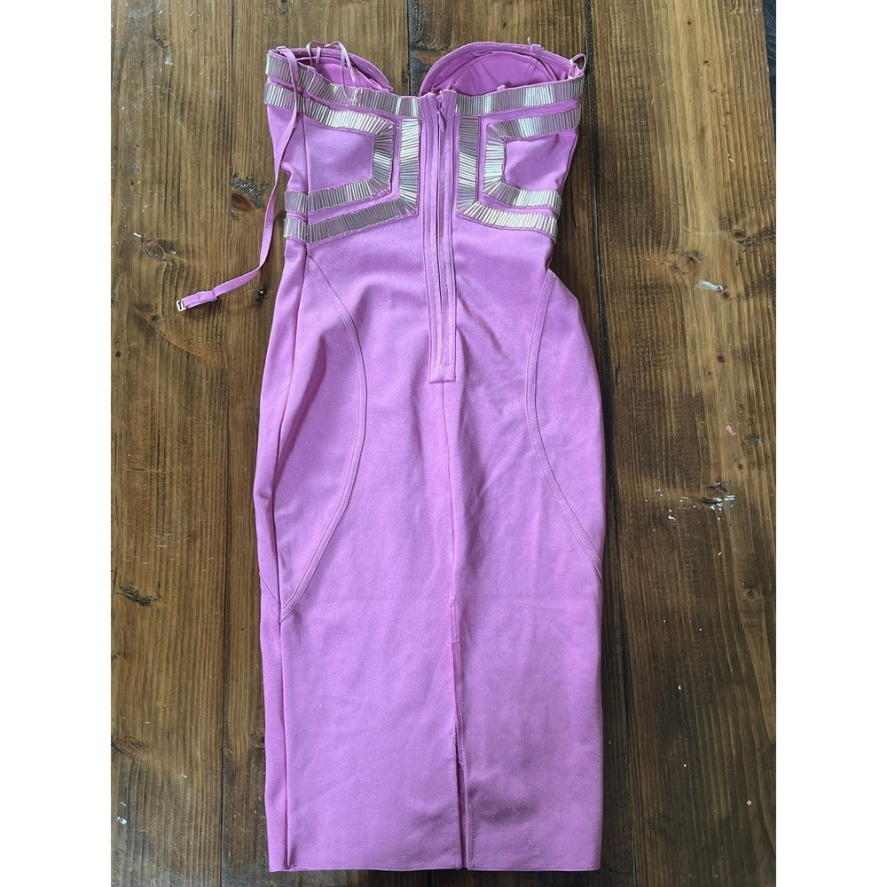 Fashion Nova Orchid Pink Bandage Midi Dress Silver Trim Sweetheart Neck Small - Picture 6 of 7